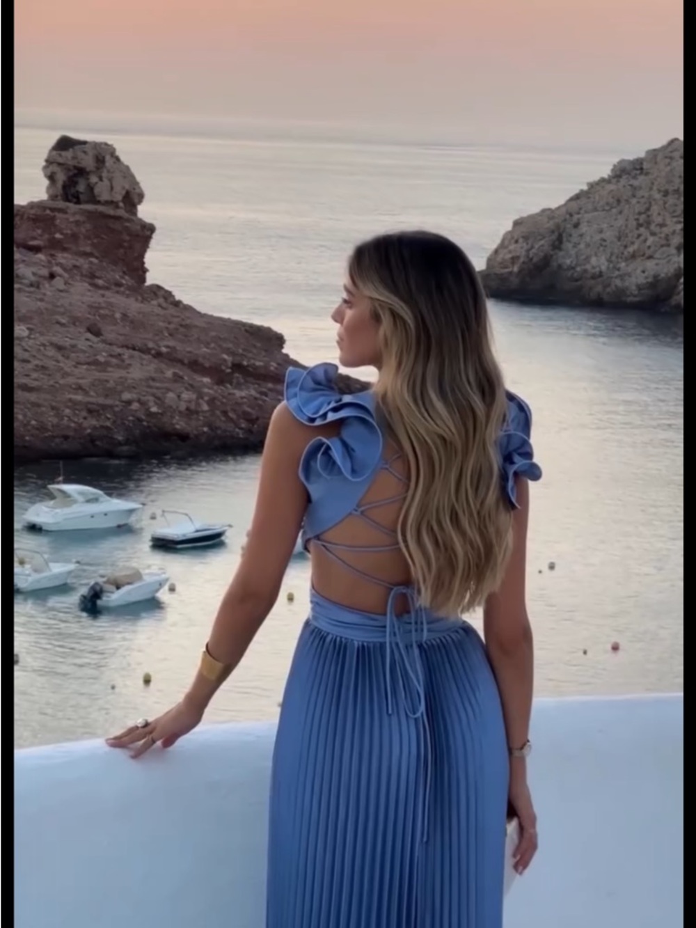 Elegant Blue Ruffle-Shoulder Lace-Back Maxi Dress